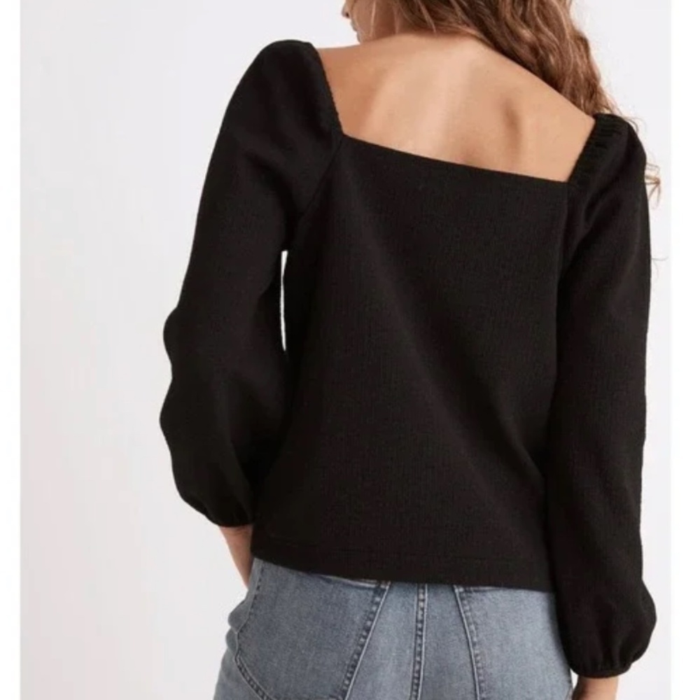 Madewell Crepe Square-Neck Puff-Sleeve Long Sleeve Top True Black Size Small - Picture 3 of 8